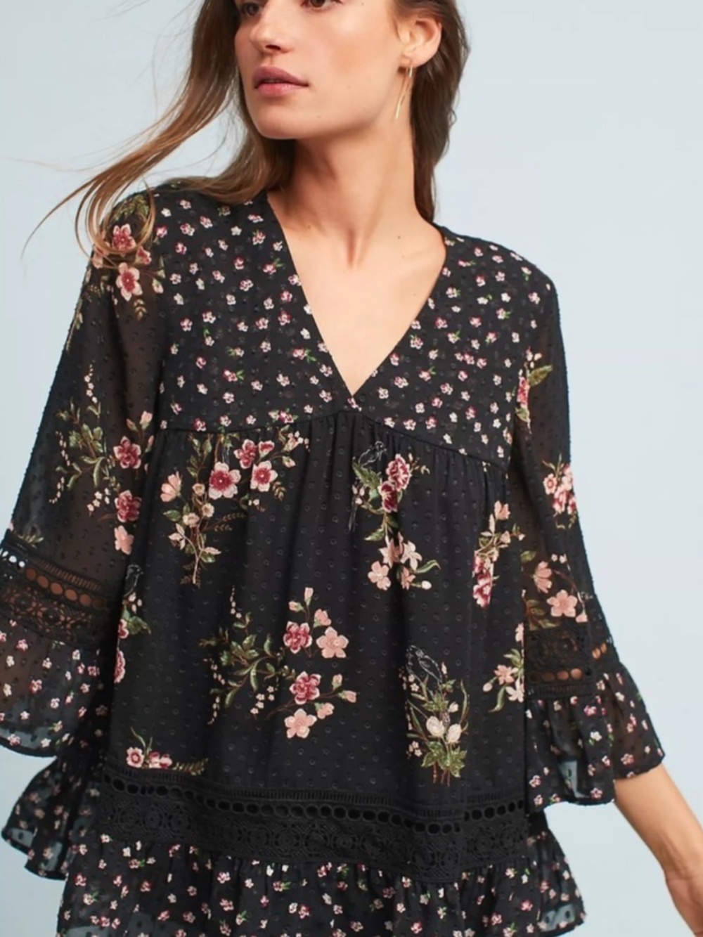 Anthropologie Maeve Black Floral Steffy Bell-Sleeve Blouse - Picture 1 of 1